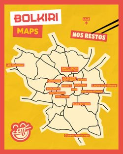 Plan des emplacements des restaurants BOLKIRI à Montreuil, incluant une variété de lieux et d'options asiatiques.