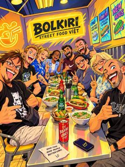 Restaurant asiatique BOLKIRI Amiens avec groupe de personnes autour d'une table remplie de plats vietnamiens.