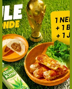 Plat asiatique avec nems, pain vapeur farci, et boisson Aloe King disposés sur une surface herbeuse.