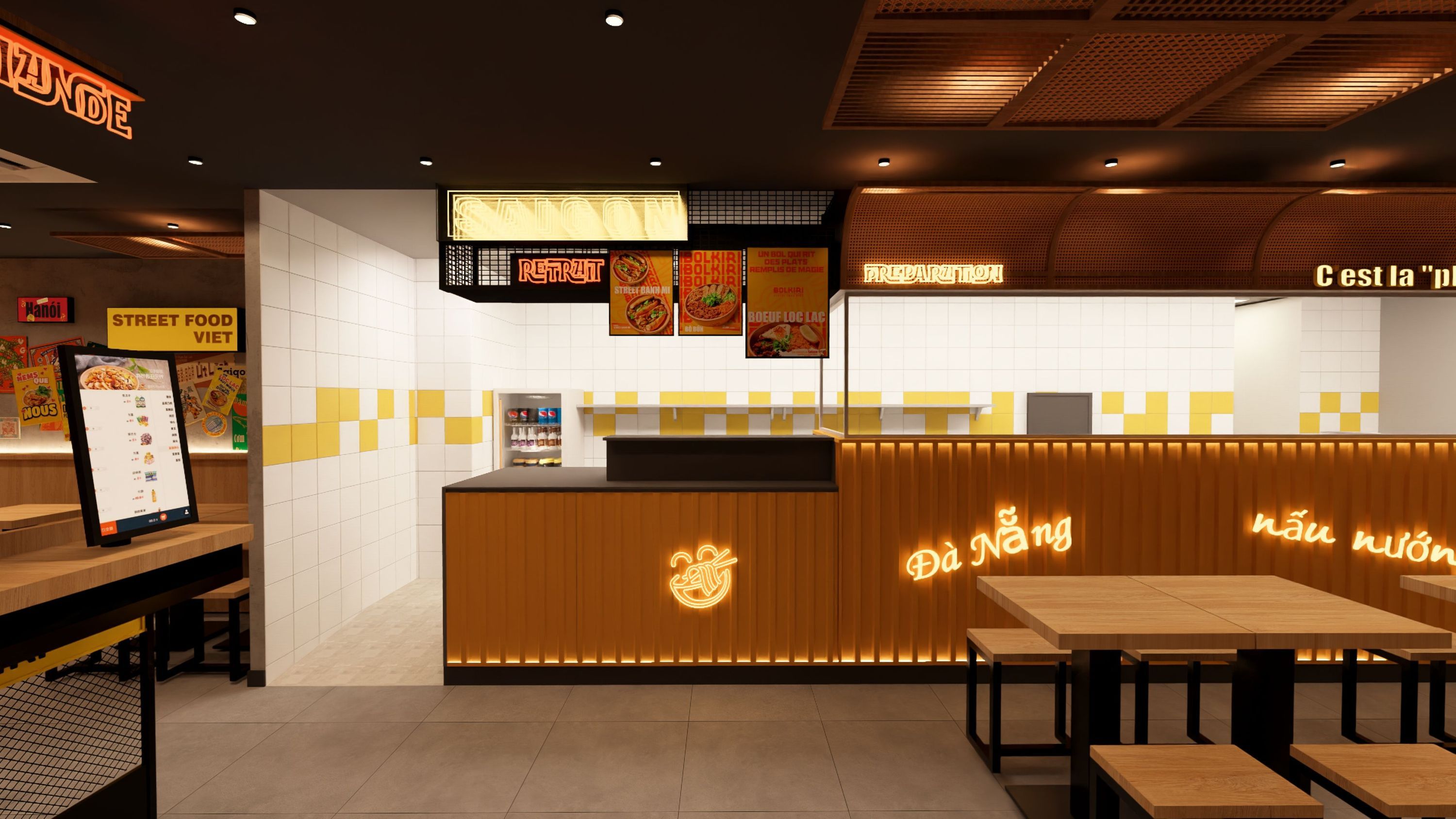 Restaurant asiatique avec comptoir en bois, écrans de menu lumineux et tables en bois avec bancs métalliques.